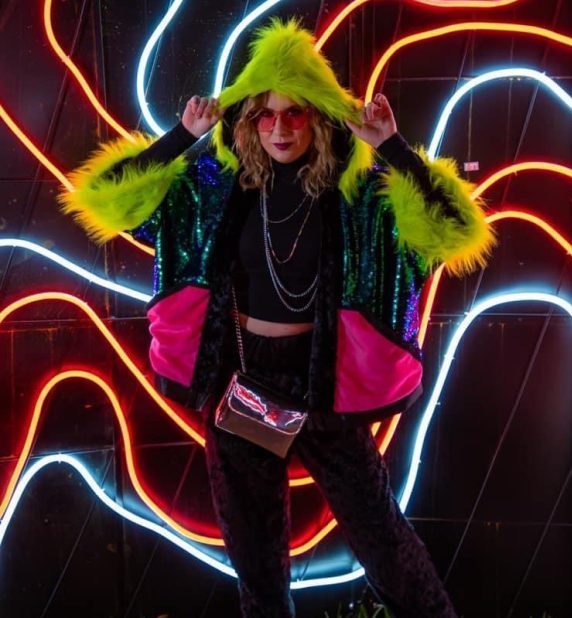 Best of Festinaut- Sequins and Neon Cold Weather Look made in blue green holographic and black mermaid flip sequins with ne