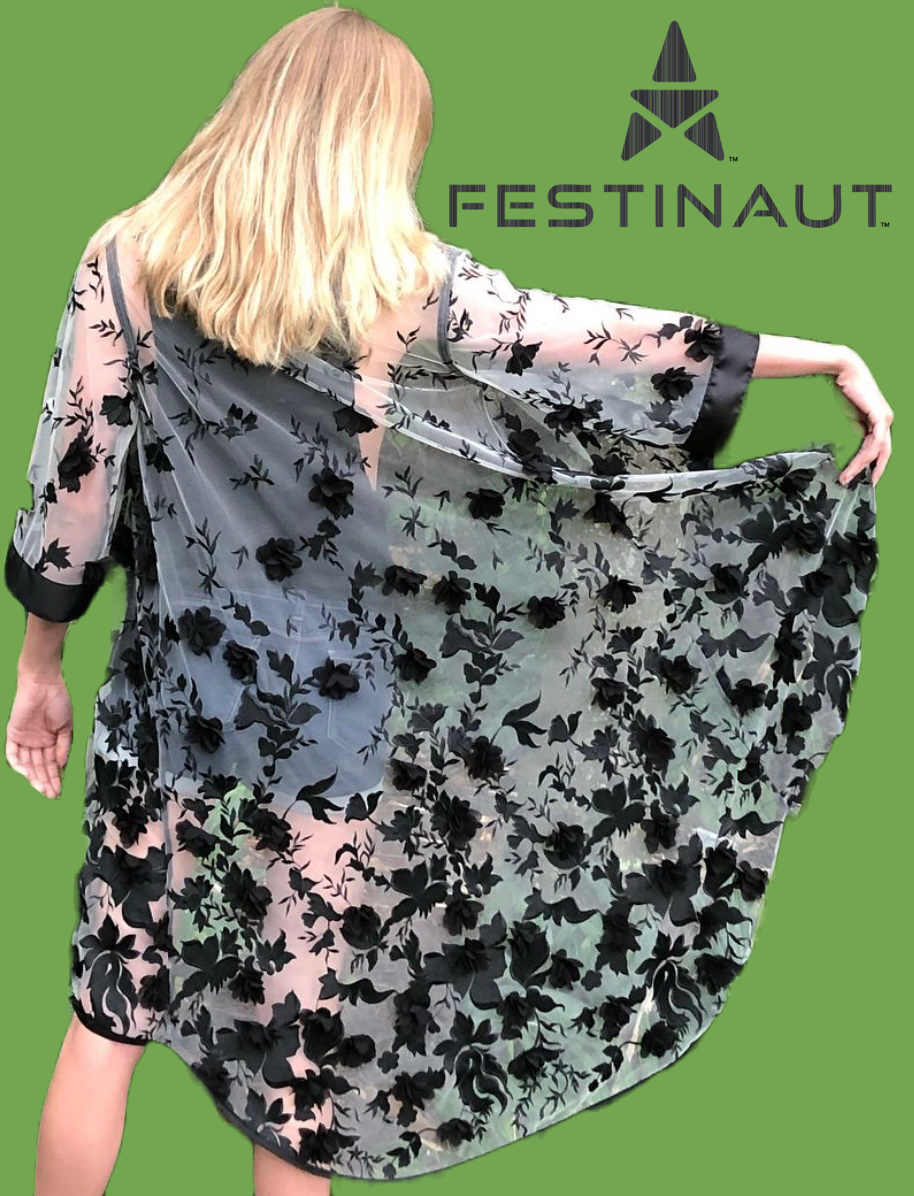 Festinaut Custom- Festival rave Coachella Kimono cover up made in white bridal mesh with black flowers and black satin