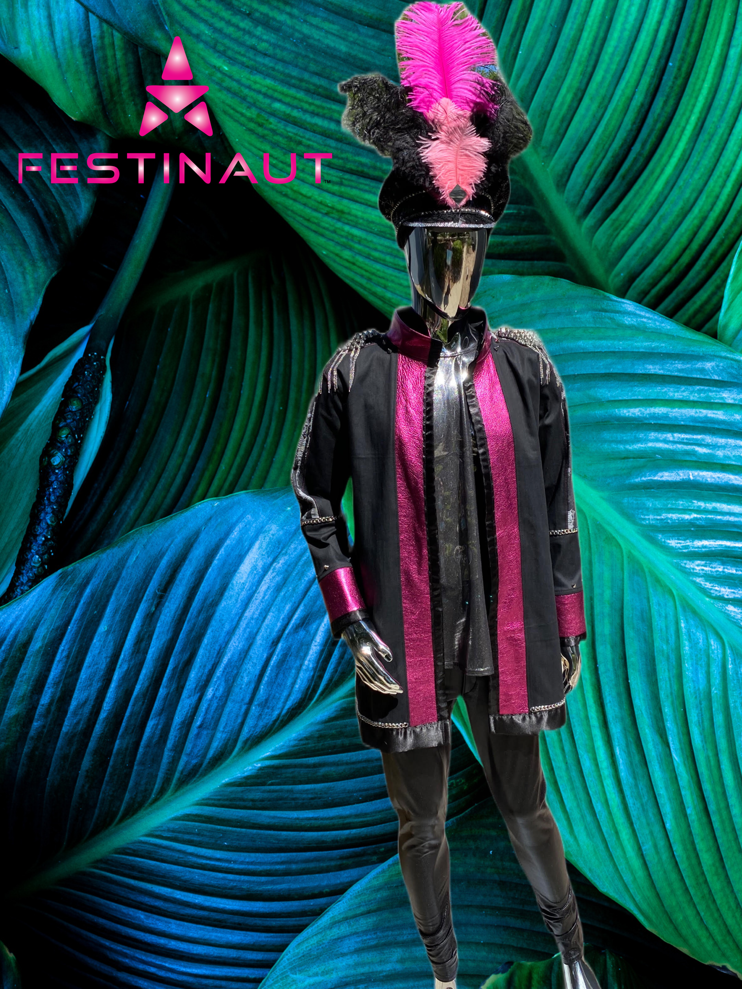 Festinaut Custom- Industrial Flamingo Costume Ubbi Dubbi made in black stretch denim metallic pink leather distressed den