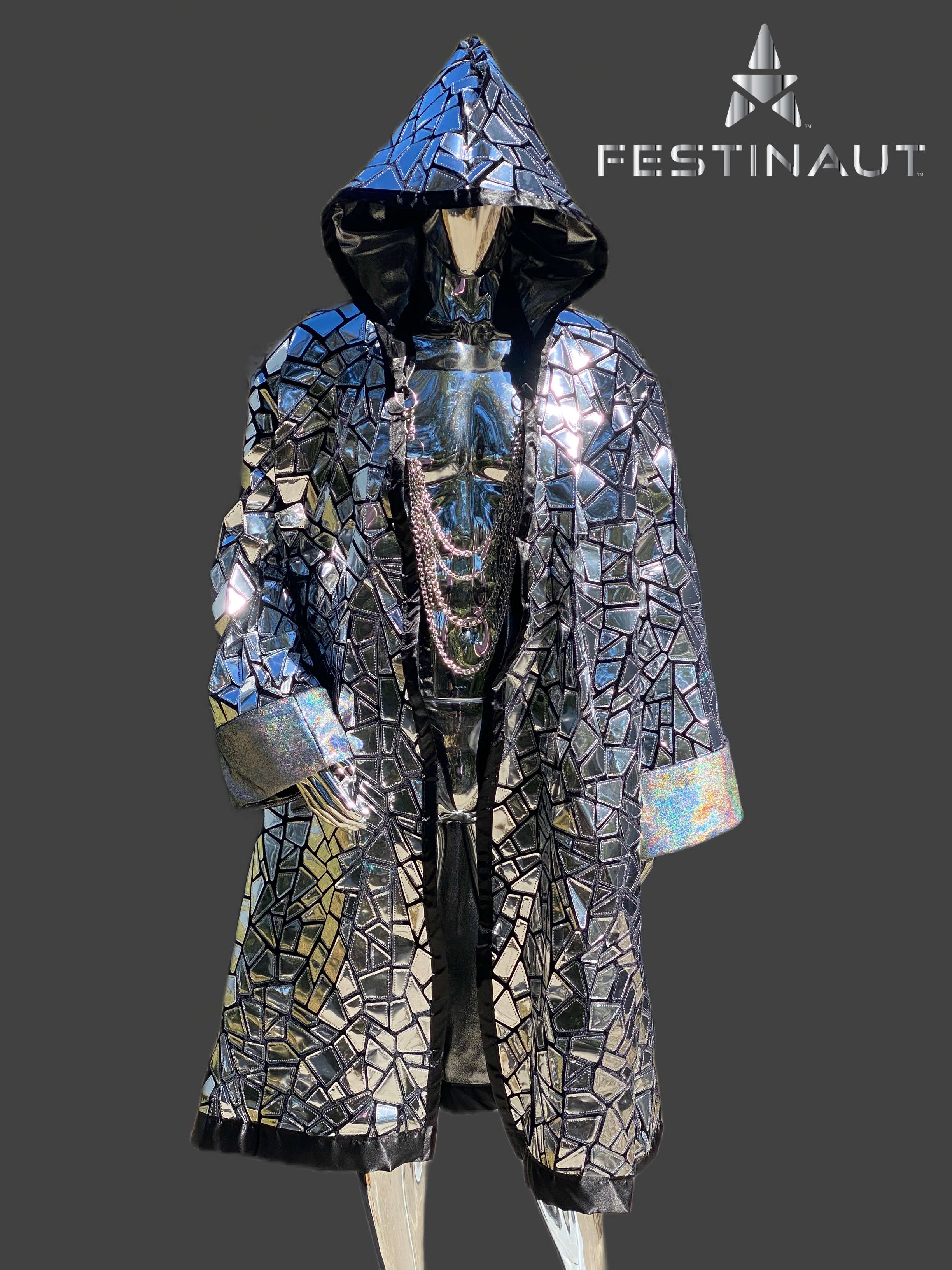 Festinaut Custom- Okeechobee Festival Rave Kimono Cloak and Hood with chains made in large silver geometric sequins on st