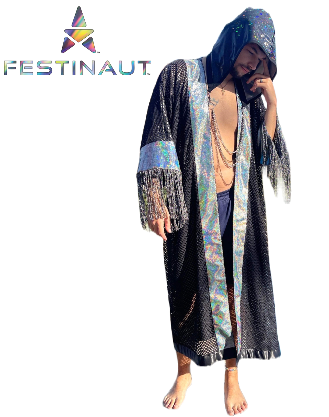 Festinaut Custom- kimono cloak in metallic silver foil on black power mesh with holographic silver stretch velvet and sil